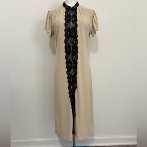 Vintage ADRIANNA PAPELL Beige Dress with Black Lace Trim, Size 8
